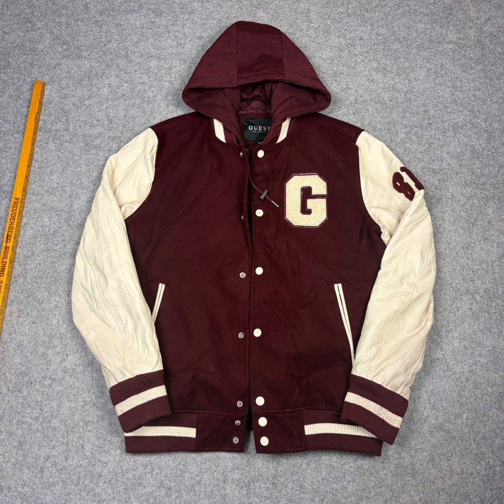 Guess Los Angeles Mens Burgundy Hooded Varsity Letterman Jacket Size M Logo Back